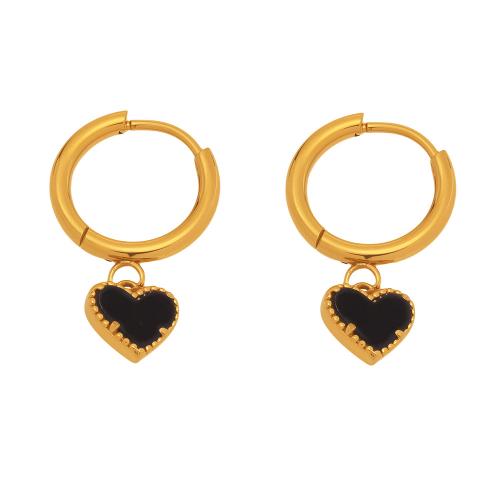 Stainless Steel Drop Earring, 304 Stainless Steel, with Black Agate, Heart, plated, fashion jewelry & for woman, golden, Sold By Pair