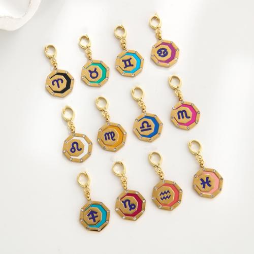 304 Stainless Steel Pendant, with Brass, 12 Signs of the Zodiac, gold color plated, random style & DIY & enamel & with rhinestone, 35x17mm, Sold By PC