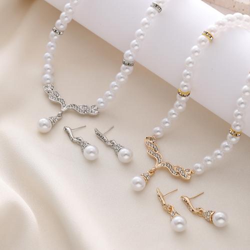 Tibetan Style Jewelry Set, Stud Earring & necklace, with Plastic Pearl, plated, 2 pieces & for woman & with rhinestone, more colors for choice, Length:Approx 19.7-31.5 Inch, Sold By Set