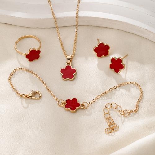 Tibetan Style Jewelry Set, Stud Earring & finger ring & bracelet & necklace, Flower, gold color plated, 4 pieces & for woman & enamel, more colors for choice, necklace length 18-20inch, bracelet length 6-8inch, US Ring Size:6-8, Sold By Set