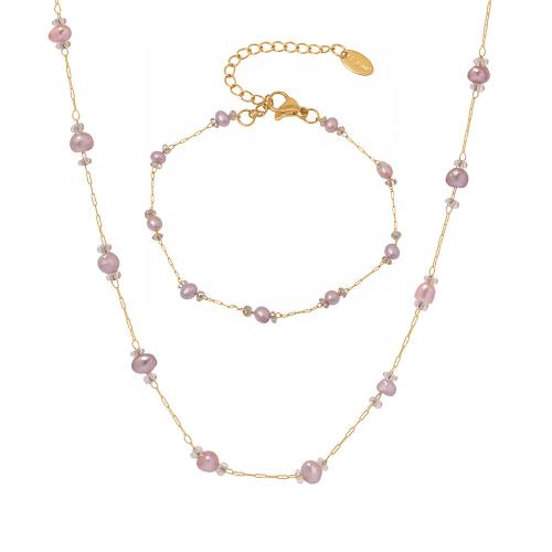Natural Cultured Freshwater Pearl Jewelry Sets, 304 Stainless Steel, with Freshwater Pearl, plated, fashion jewelry & different styles for choice & for woman, golden, Sold By PC