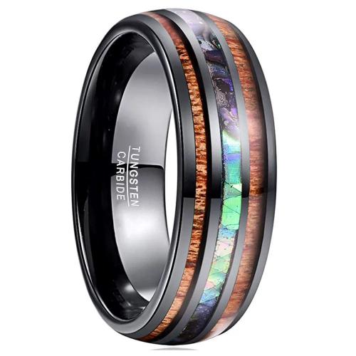 Tungsten Steel Finger Ring, with Abalone Shell & Wood, plated, fashion jewelry & different size for choice & for man, black, Sold By PC