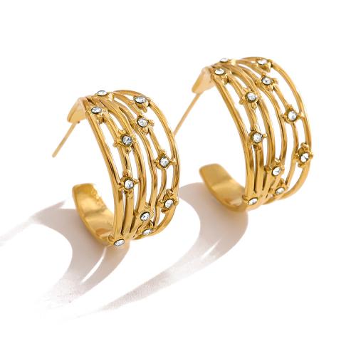 Stainless Steel Stud Earrings, 304 Stainless Steel, with Crystal, 18K gold plated, fashion jewelry & for woman & hollow, more colors for choice, Sold By Pair