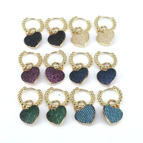 metal Huggie Pendiente aro de la gota, Corazón, chapado en color dorado, micro arcilla de zirconia cúbica & para mujer, más colores para la opción, 15x30mm, Vendido por Par