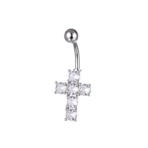 Messing Bauch Ring, mit 316 Edelstahl, Kreuz, unisex & Micro pave Zirkonia, 10x30mm, verkauft von PC