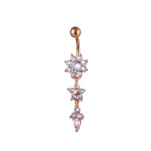 Brass Belly Ring, with 316 Stainless Steel, Flower, plated, Unisex & micro pave cubic zirconia, more colors for choice, belly ring length 40-50mm, Sold By PC