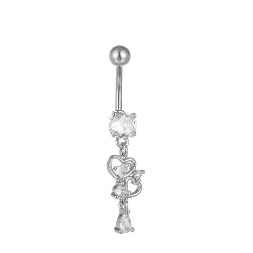 Brass Belly Ring, Heart, plated, Unisex & micro pave cubic zirconia, belly ring length 40-50mm, Sold By PC