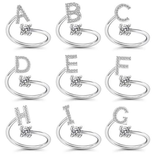 aleación de zinc Anillo de dedo Cuff, Carta del alfabeto, chapado en color de platina, diferentes estilos para la opción & micro arcilla de zirconia cúbica & para mujer, tamaño:6-8, Vendido por UD