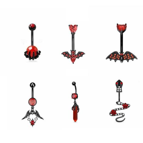 304 Stainless Steel Belly Ring, with Glass, plated, Unisex & different styles for choice & with rhinestone, black, belly ring length 10-50mm, Sold By PC