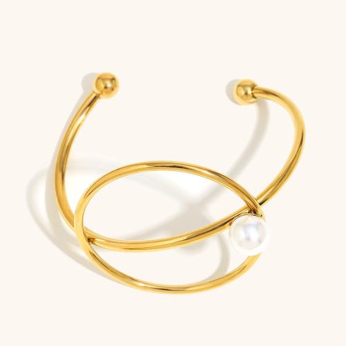 Stainless Steel Bangle, 304 Stainless Steel, with Plastic Pearl, 18K gold plated, fashion jewelry & for woman & hollow, Sold By PC