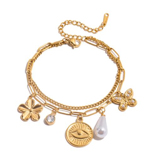 Stainless Steel Jewelry Bracelet, 304 Stainless Steel, with Plastic Pearl, plated, Double Layer & different styles for choice & for woman & with rhinestone, golden, Sold By PC