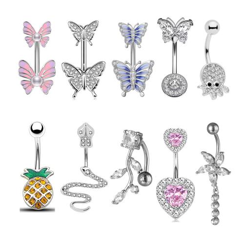 Brass Belly Ring, plated, Unisex & different styles for choice & micro pave cubic zirconia & enamel, belly ring length 10-30mm, Sold By PC