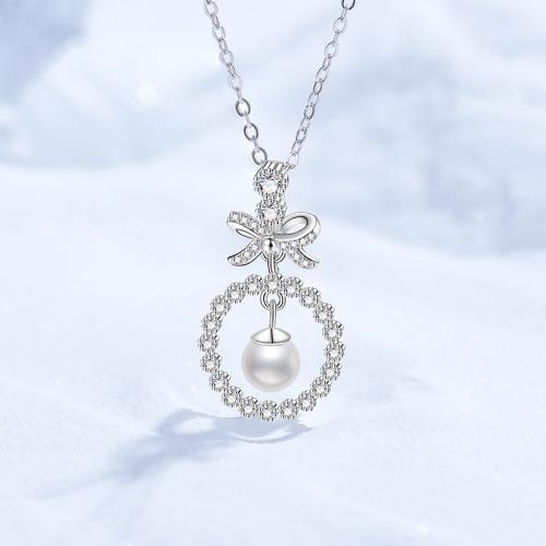 925 Sterling Silver Necklace, with Moissanite & Freshwater Pearl, with 2inch extender chain, cross chain & for woman, Length:Approx 15.7 Inch, Sold By PC
