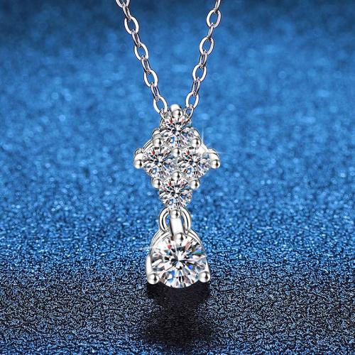 925 Sterling Silver Necklace, with Moissanite, with 2inch extender chain, platinum plated, cross chain & for woman, Length:Approx 15.7 Inch, Sold By PC