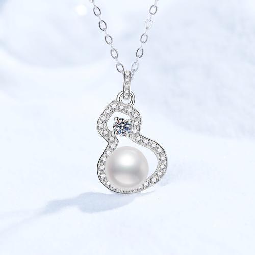 925 Sterling Silver Necklace, with Moissanite & Freshwater Pearl, with 2inch extender chain, Calabash, cross chain & for woman, Length:Approx 15.7 Inch, Sold By PC