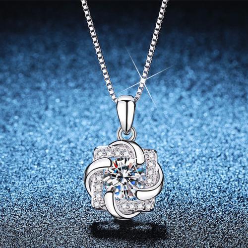 925 Sterling Silver Necklace, with Moissanite, with 2inch extender chain, Pinwheel, platinum plated, box chain & for woman, Length:Approx 15.7 Inch, Sold By PC
