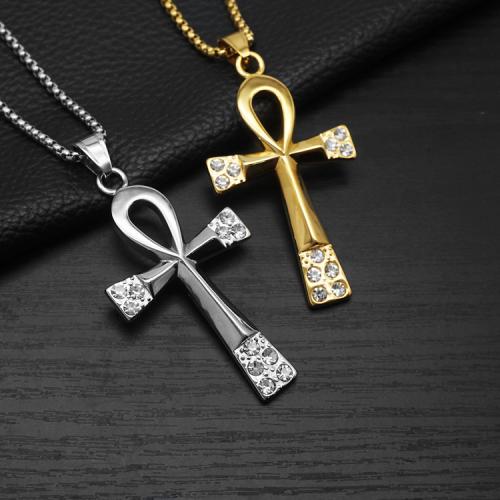 Colgantes Cruz de Acero Inoxidable, acero inoxidable 304, con Partículas de acero, Cruces, chapado en color dorado, Joyería & con diamantes de imitación, más colores para la opción, 38x6x68mm, Vendido por UD