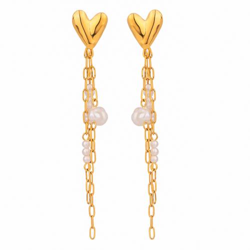 Fashion Fringe Earrings, 304 Stainless Steel, with Shell Pearl, plated, fashion jewelry & for woman, golden, Sold By Pair