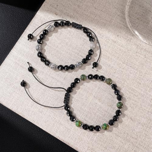 Gemstone Bracelets, 304 Stainless Steel, with Natural Stone & Wax Cord & Black Agate, plated, fashion jewelry & different materials for choice & Unisex, Sold By PC