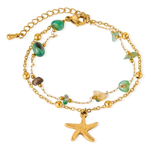 Stainless Steel Jewelry Bracelet, 304 Stainless Steel, with Natural Stone, plated, Double Layer & fashion jewelry & for woman, golden, Sold By PC