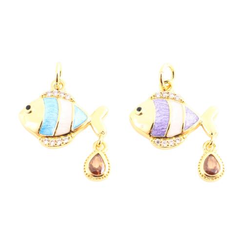 Cubic Zirconia Micro Pave Brass Pendant, Fish, gold color plated, DIY & micro pave cubic zirconia & enamel, more colors for choice, 13x16x2mm, Sold By PC