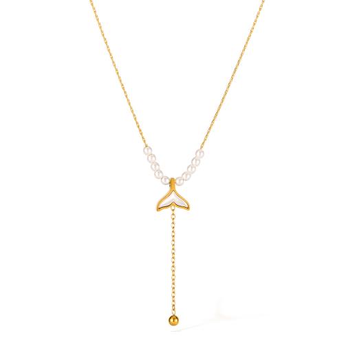 Stainless Steel Jewelry Necklace, 304 Stainless Steel, with Pearl Oyster & Glass Beads, plated, fashion jewelry & for woman, golden, Sold By PC