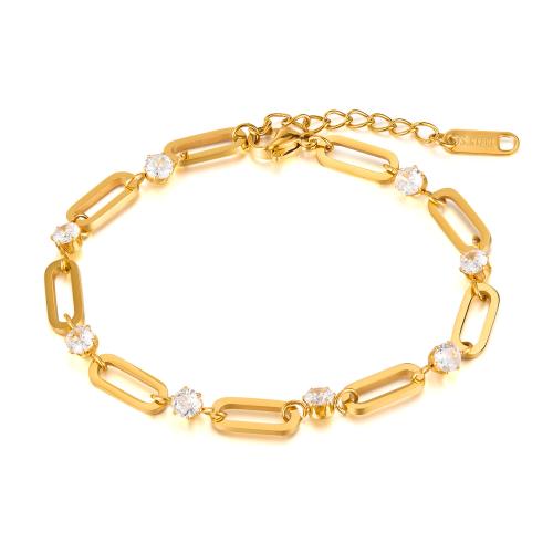 Stainless Steel Jewelry Bracelet, 304 Stainless Steel, with Cubic Zirconia, plated, fashion jewelry & for woman, golden, Sold By PC