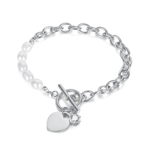 Stainless Steel Jewelry Bracelet, 304 Stainless Steel, with Cubic Zirconia & Freshwater Pearl, plated, fashion jewelry & for woman, more colors for choice, Sold By PC