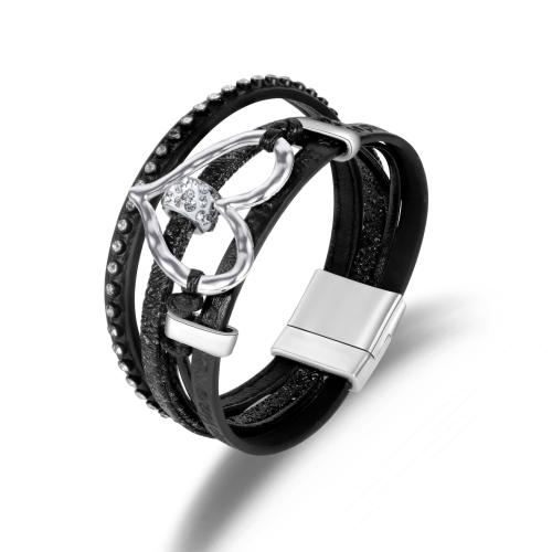 PU Leather Cord Bracelets, Tibetan Style, with PU Leather, three layers & for woman & with rhinestone & hollow, more colors for choice, Length:Approx 19.4 cm, Sold By PC