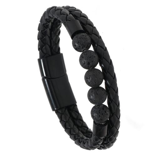 Cuero de PU Pulsera, con Piedra natural & aleación de zinc, hecho a mano, Doble capa & diferentes materiales para la opción & para hombre, Negro, Vendido por UD