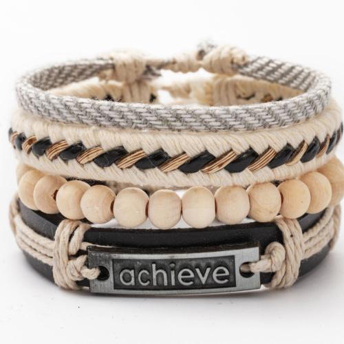 Tibetan Style Bracelet Set, with Cowhide & Wax Cord & Wood, handmade, 4 pieces & fashion jewelry & for man, Length:Approx 28 cm, Sold By PC