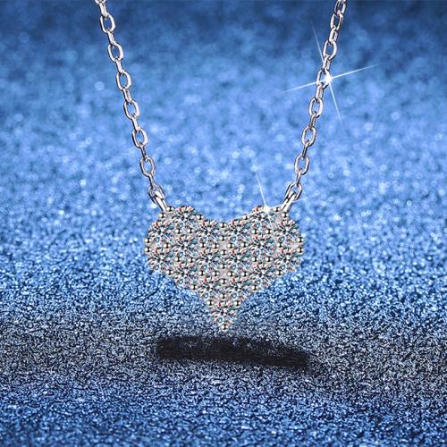 925 Sterling Silver Necklace, with Moissanite, with 2inch extender chain, Heart, platinum plated, oval chain & for woman, Length:Approx 15.7 Inch, Sold By PC
