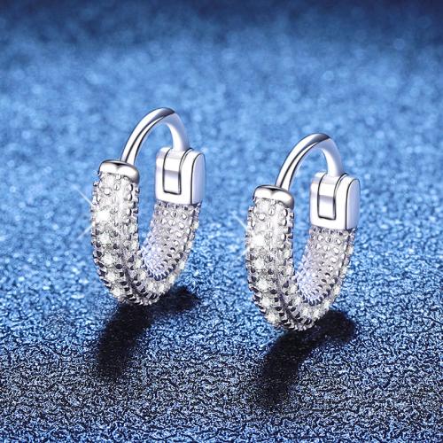 925 Sterling Silver Huggie Hoop Earring, with Moissanite, platinum plated, fashion jewelry & for woman, 14x14mm, Sold By Pair