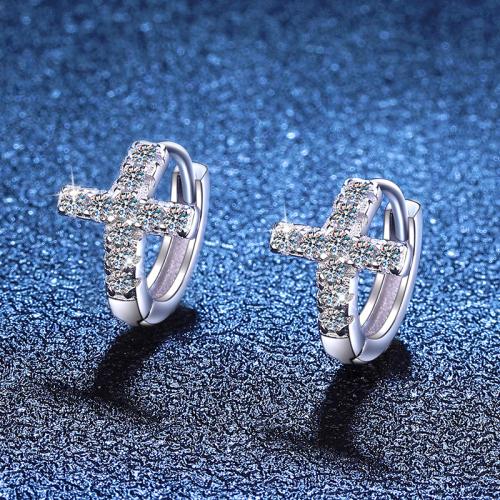 925 Sterling Silver Huggie Hoop Earring, with Moissanite, Cross, platinum plated, fashion jewelry & for woman, 9x11.50mm, Sold By Pair