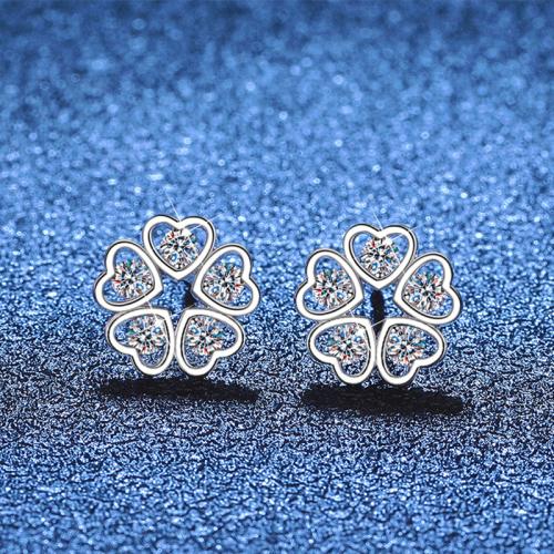 925 Sterling Silver Stud Earring, with Moissanite, Flower, platinum plated, for woman & hollow, Sold By Pair