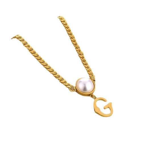 Titanium Steel Necklace, with ABS Plastic Pearl, plated, fashion jewelry & for woman, golden, Length:Approx 41 cm, Sold By PC