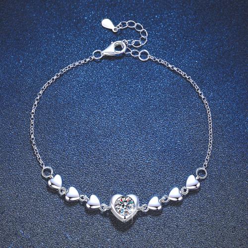 925 Sterling Silver Bracelet, with Moissanite, with 1.2inch extender chain, Heart, platinum plated, fashion jewelry & for woman, Length:Approx 6.3 Inch, Sold By PC