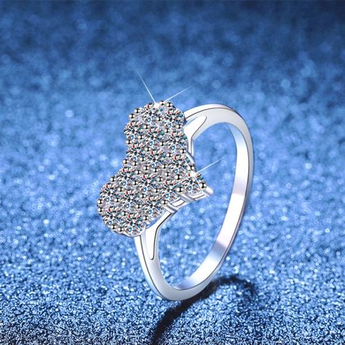 925 Sterling Silver Finger Ring, with Moissanite, Heart, platinum plated, different size for choice & for woman, US Ring Size:4.5-9, Sold By PC