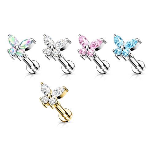 304 Stainless Steel Lip Piercing Stud, Butterfly, plated, micro pave cubic zirconia & for woman, more colors for choice, 10mm, Sold By PC
