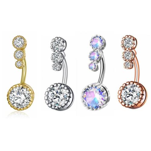 Brass Belly Ring, with 304 Stainless Steel, plated, micro pave cubic zirconia & for woman, more colors for choice, belly ring length 30-40mm, Sold By PC