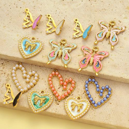 Stainless Steel Pendants, 304 Stainless Steel, with Plastic Pearl, gold color plated, DIY & enamel & with rhinestone, more colors for choice, 3PCs/Bag, Sold By Bag