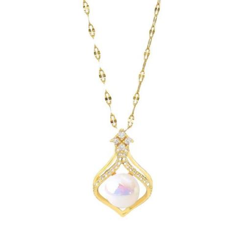 Titanium Steel Necklace, with ABS Plastic Pearl & Cubic Zirconia, plated, fashion jewelry & for woman, more colors for choice, Length:Approx 41 cm, Sold By PC