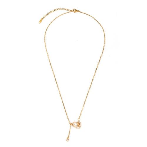 Titanium Steel Necklace, with Cubic Zirconia & Cats Eye, plated, fashion jewelry & for woman, golden, Length:Approx 41 cm, Sold By PC