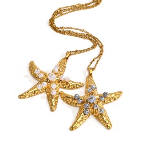 Stainless Steel Jewelry Necklace, 304 Stainless Steel, with Plastic Pearl, Star, gold color plated, fashion jewelry, golden, Sold By PC