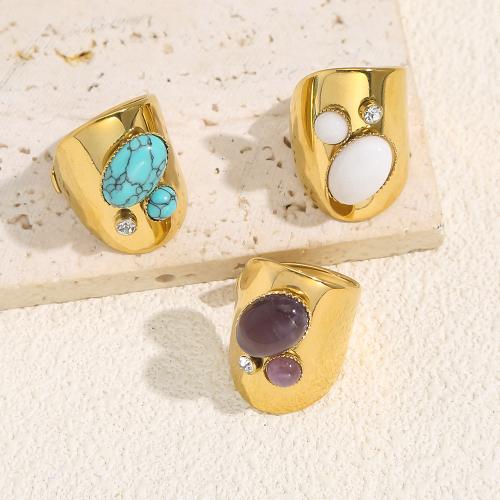 Rhinestone Stainless Steel Finger Ring, 304 Stainless Steel, with Gemstone, gold color plated, fashion jewelry & with rhinestone, golden, Sold By PC