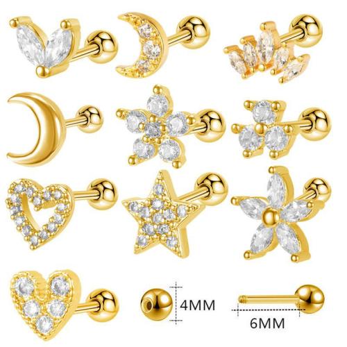Brass Piercing Earring, with 304 Stainless Steel, plated, different styles for choice & micro pave cubic zirconia & for woman, 6mm, Sold By PC