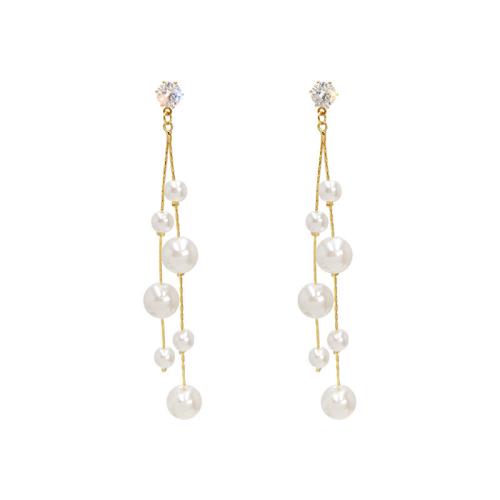 Plastic Pearl Tassel Earring, with Tibetan Style, gold color plated, for woman & with rhinestone, 100mm, Sold By Pair