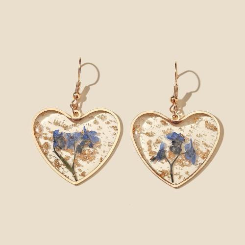 Resin Drop Earring, with Dried Flower & Tibetan Style, Heart, gold color plated, fashion jewelry & for woman, earring length 30-50mm, Sold By Pair