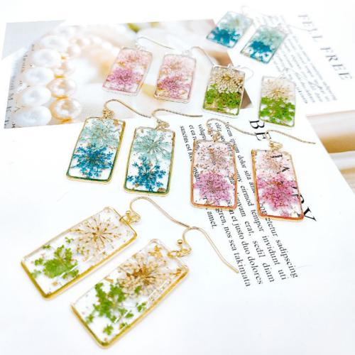 Resin Drop Earring, with Dried Flower & Tibetan Style, Rectangle, epoxy gel, fashion jewelry & for woman, more colors for choice, 15x45mm, Sold By Pair