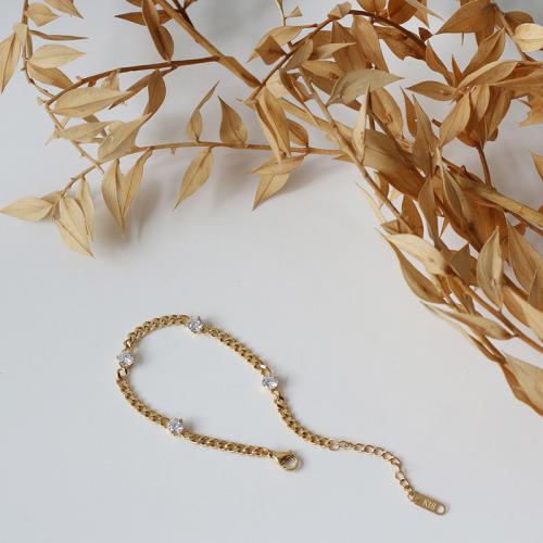 Titanium Steel Bracelet, gold color plated, for woman & with rhinestone, Length:Approx 6-8 Inch, Sold By PC
